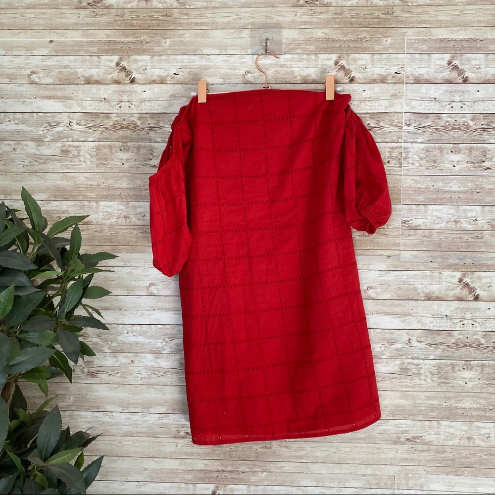ASOS Red Broderie Off Shoulder Puff Sleeve Dress 4